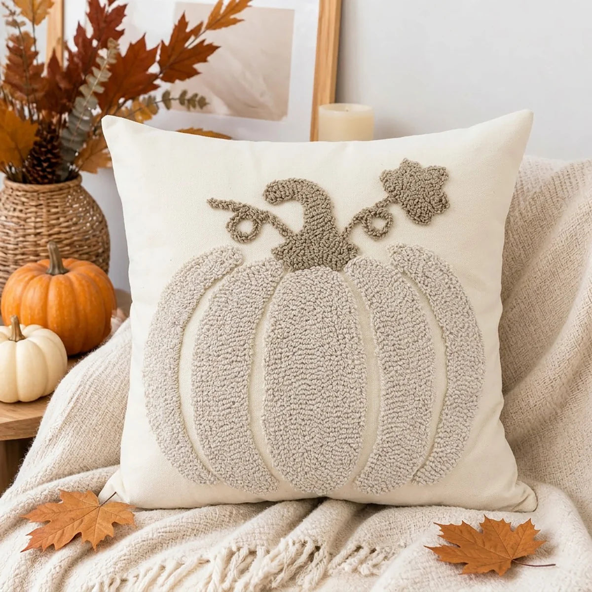 Pillow Cover Tufted Chenille Suede-Like Microfiber Hidden Zipper