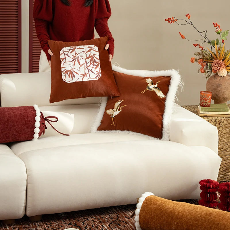 Pillow Cover Velvet Crane Embroidery & Faux Fur Trim