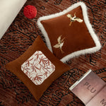 Pillow Cover Velvet Crane Embroidery & Faux Fur Trim