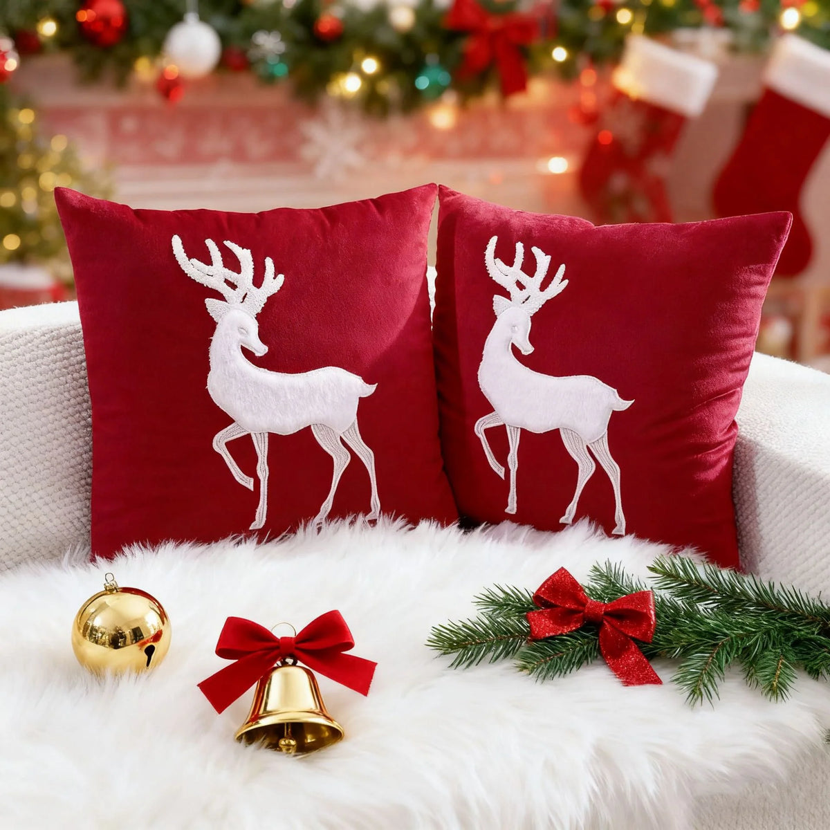 Pillow Cover Velvet Reindeer Appliqué Hidden Zipper 18 Inch