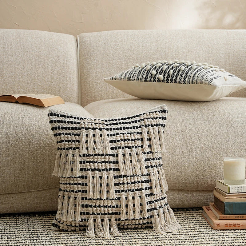Pillow Cover Woven Cotton Blend Tiered Tassels Hidden Zipper