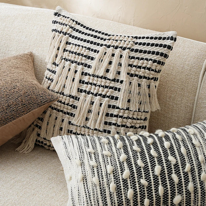Pillow Cover Woven Cotton Blend Tiered Tassels Hidden Zipper