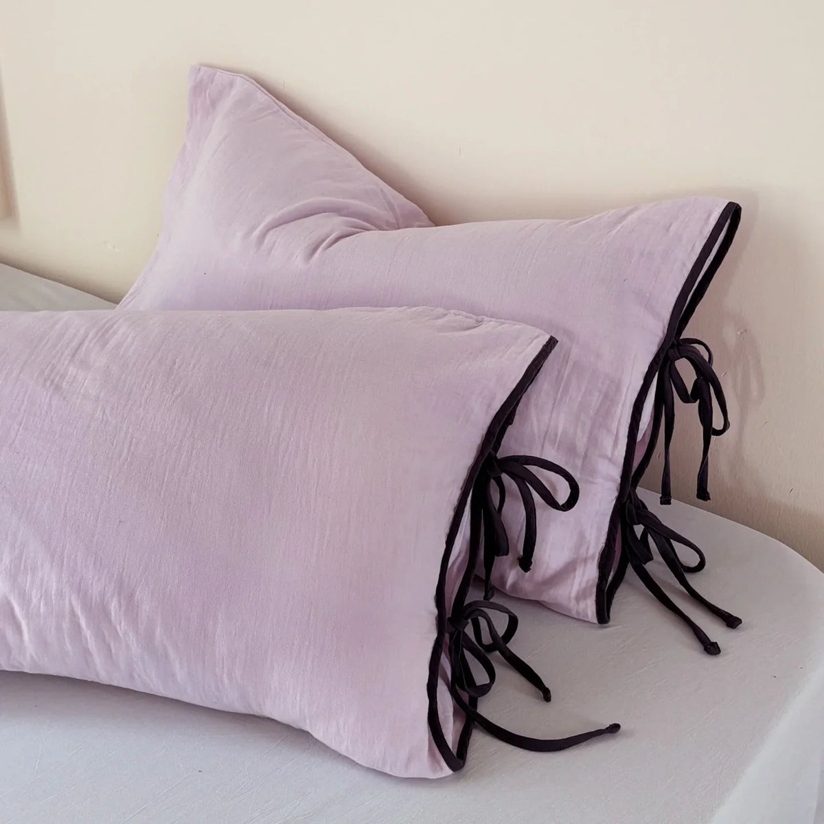 Pillowcase Set Washed Linen Look Decorative Ties Easy Care
