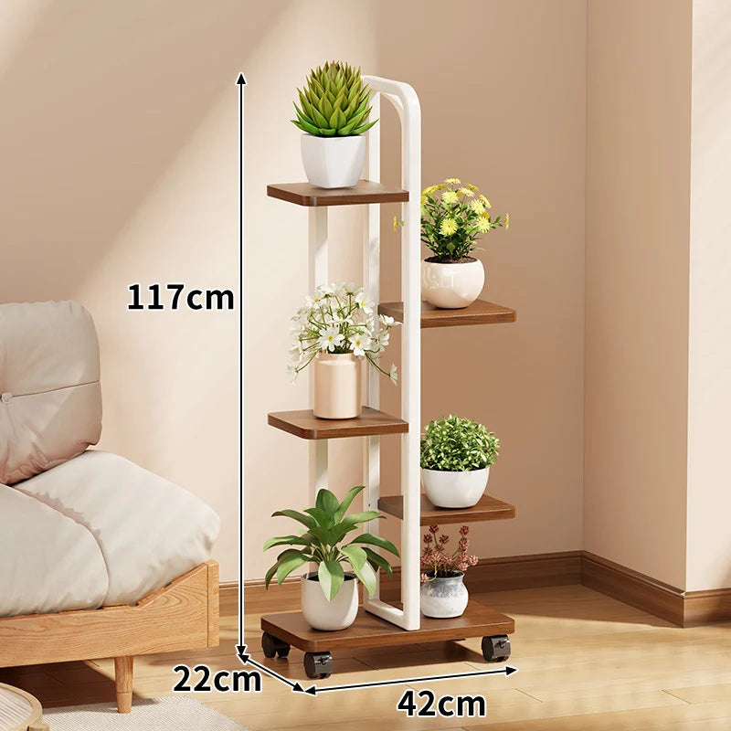 Plant Stand Rolling Vertical Tiered Wood Shelves