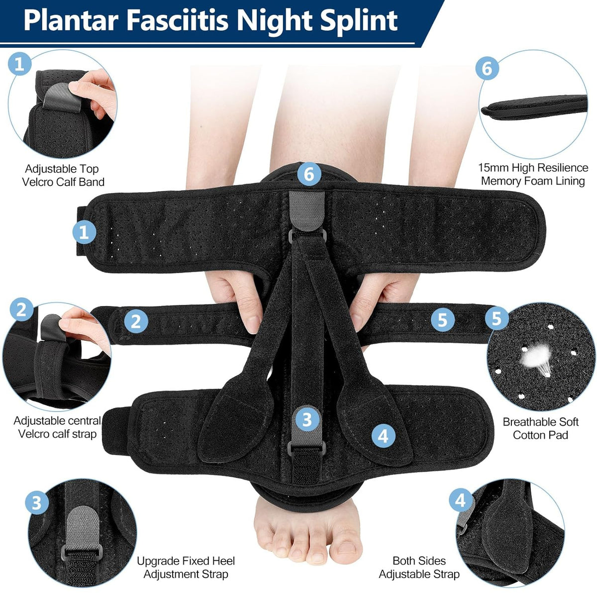 Plantar Fasciitis Night Splint Adjustable Triple-Strap Breathable Foam