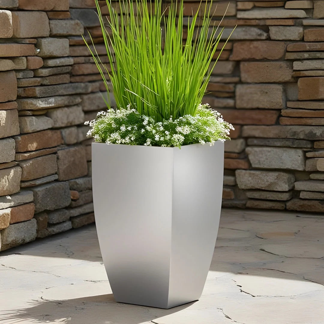 Planter Stainless Steel Tapered Square 20 Inch Tall Drainage Plugs