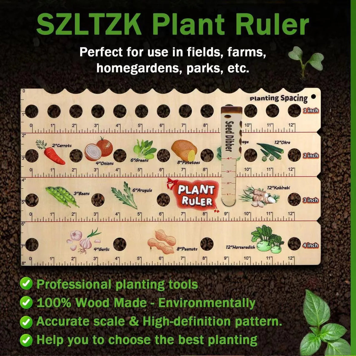 Planting Ruler Solid Wood Seed Spacing & Depth