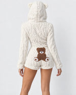 Plush Romper Teddy Texture Bear Ear Hood Zip-Up Front