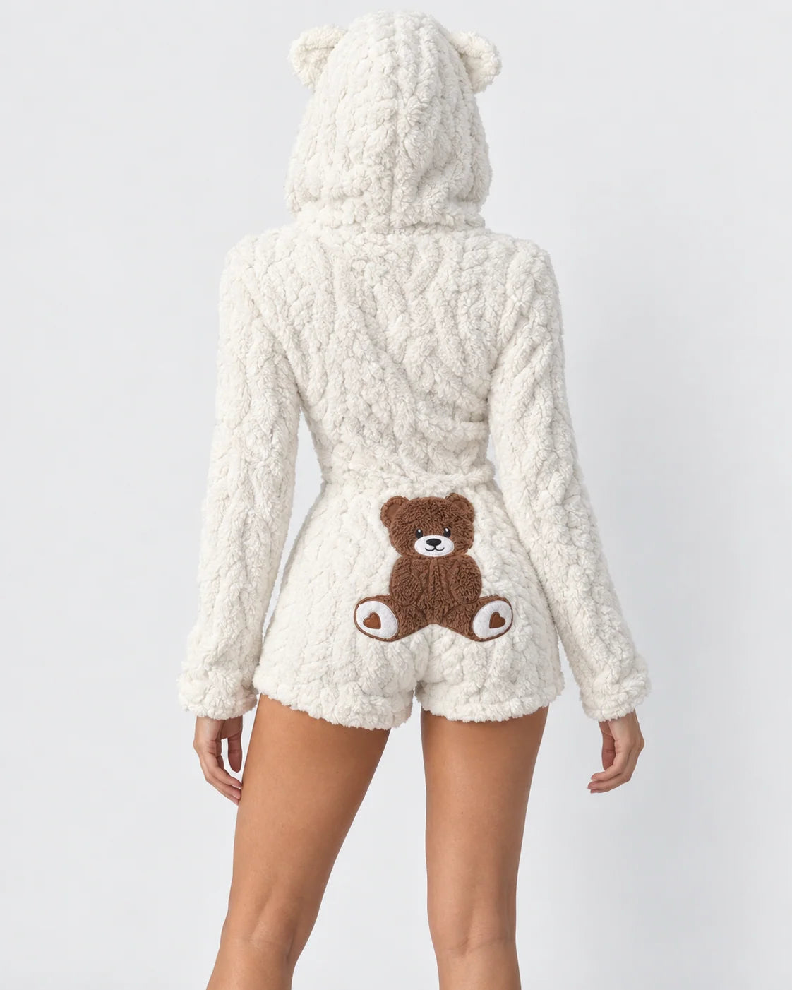 Plush Romper Teddy Texture Bear Ear Hood Zip-Up Front