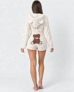 Plush Romper Teddy Texture Bear Ear Hood Zip-Up Front