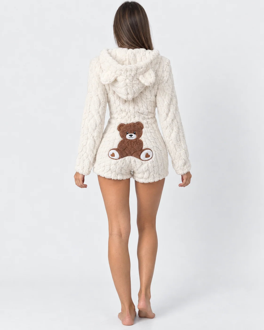 Plush Romper Teddy Texture Bear Ear Hood Zip-Up Front