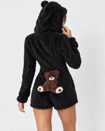 Plush Romper Teddy Texture Bear Ear Hood Zip-Up Front