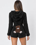 Plush Romper Teddy Texture Bear Ear Hood Zip-Up Front