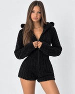 Plush Romper Teddy Texture Bear Ear Hood Zip-Up Front