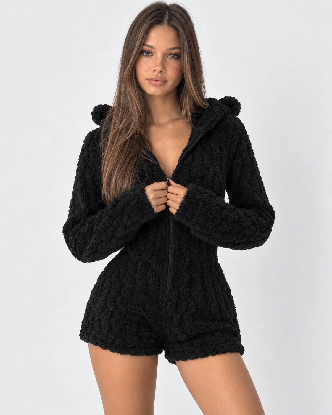 Plush Romper Teddy Texture Bear Ear Hood Zip-Up Front
