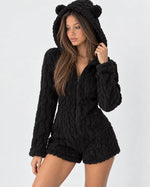 Plush Romper Teddy Texture Bear Ear Hood Zip-Up Front