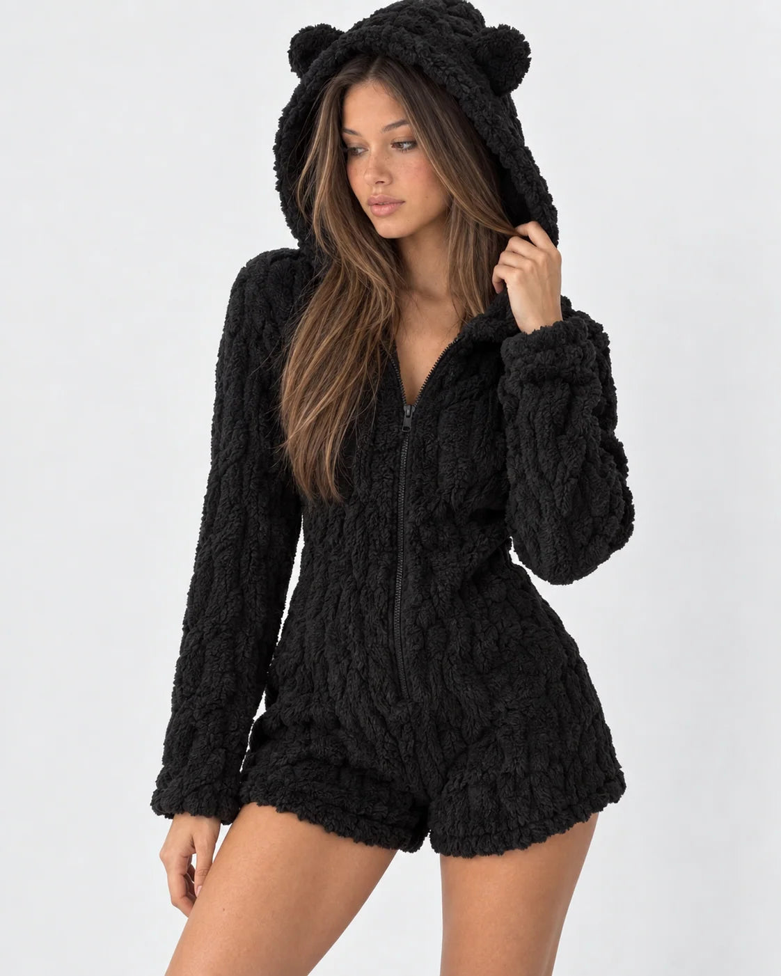 Plush Romper Teddy Texture Bear Ear Hood Zip-Up Front