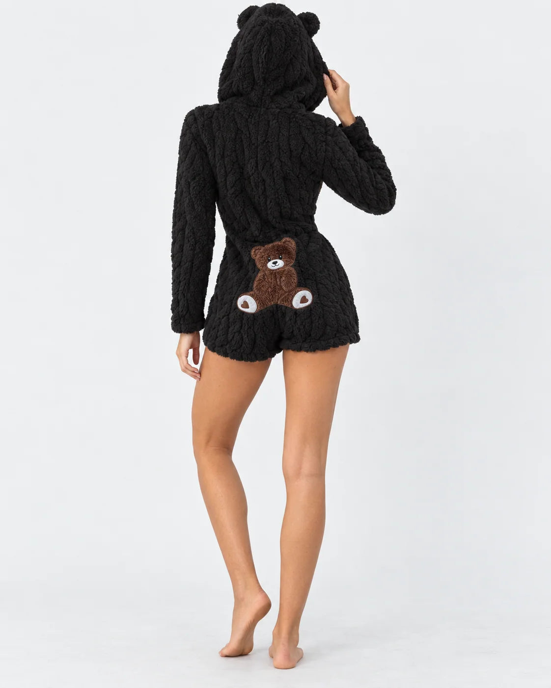 Plush Romper Teddy Texture Bear Ear Hood Zip-Up Front