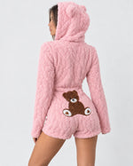 Plush Romper Teddy Texture Bear Ear Hood Zip-Up Front