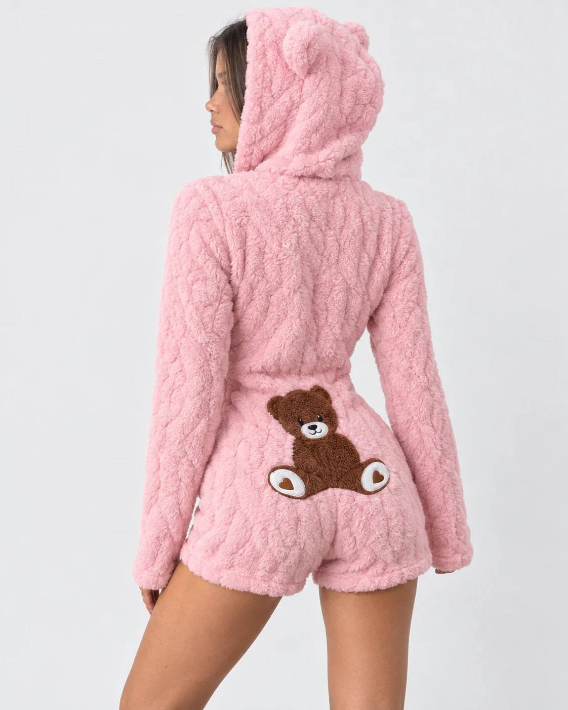 Plush Romper Teddy Texture Bear Ear Hood Zip-Up Front