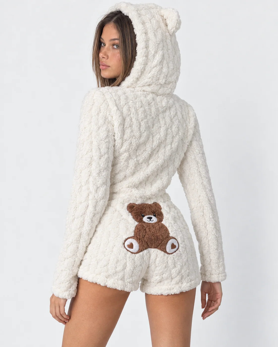 Plush Romper Teddy Texture Bear Ear Hood Zip-Up Front
