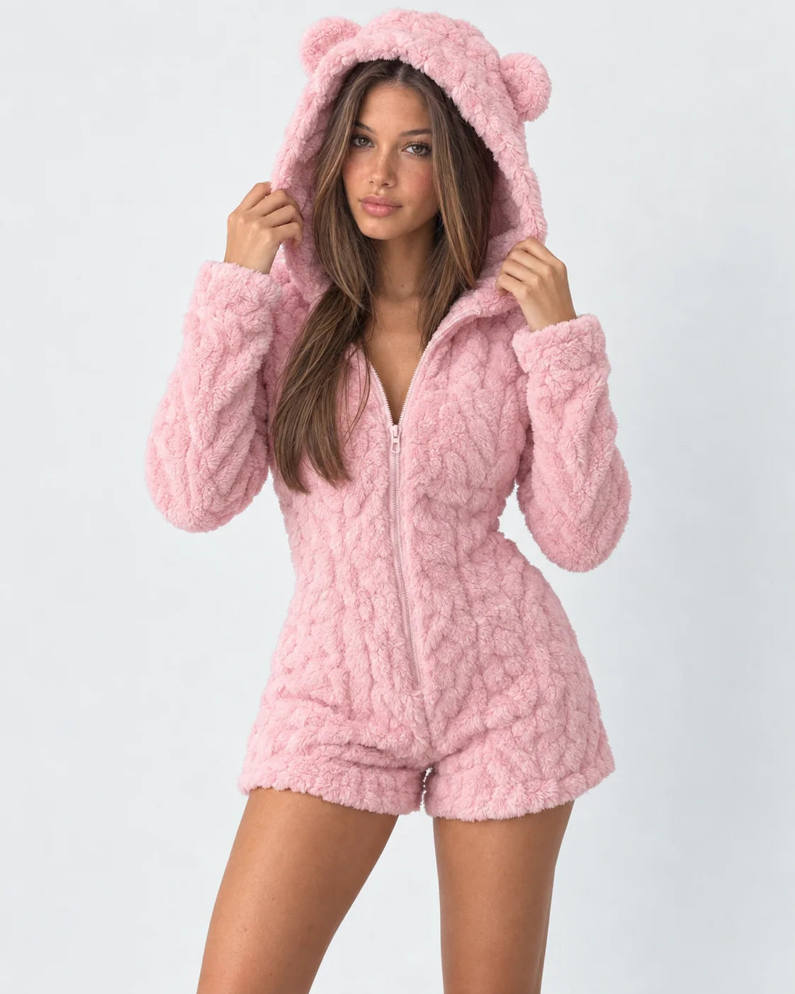 Plush Romper Teddy Texture Bear Ear Hood Zip-Up Front