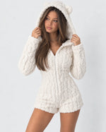 Plush Romper Teddy Texture Bear Ear Hood Zip-Up Front