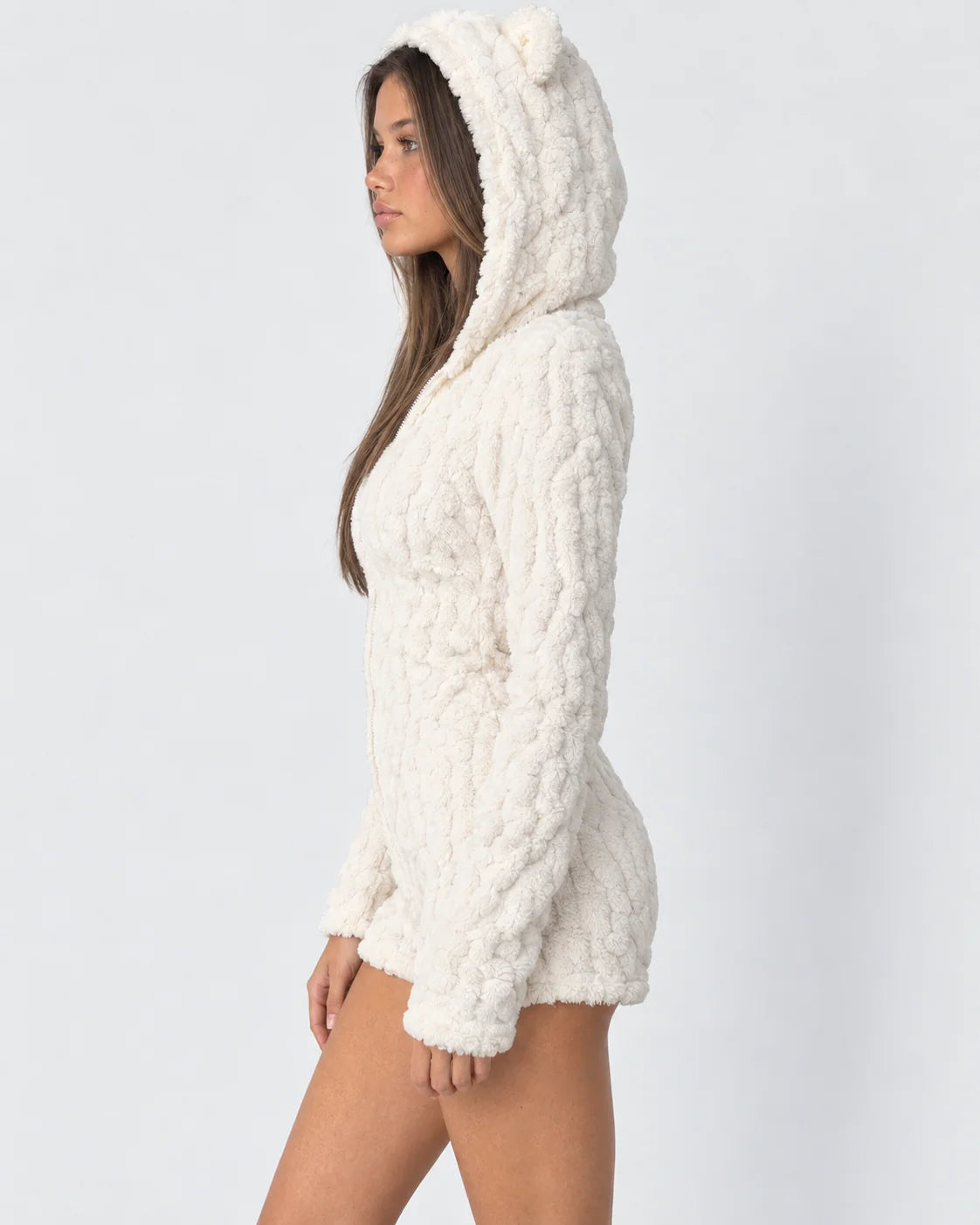 Plush Romper Teddy Texture Bear Ear Hood Zip-Up Front
