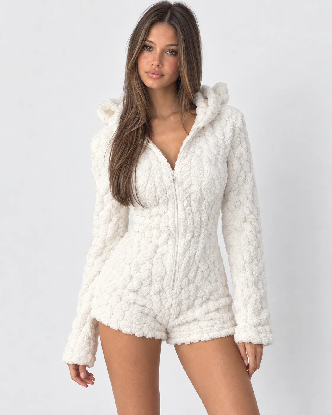 Plush Romper Teddy Texture Bear Ear Hood Zip-Up Front