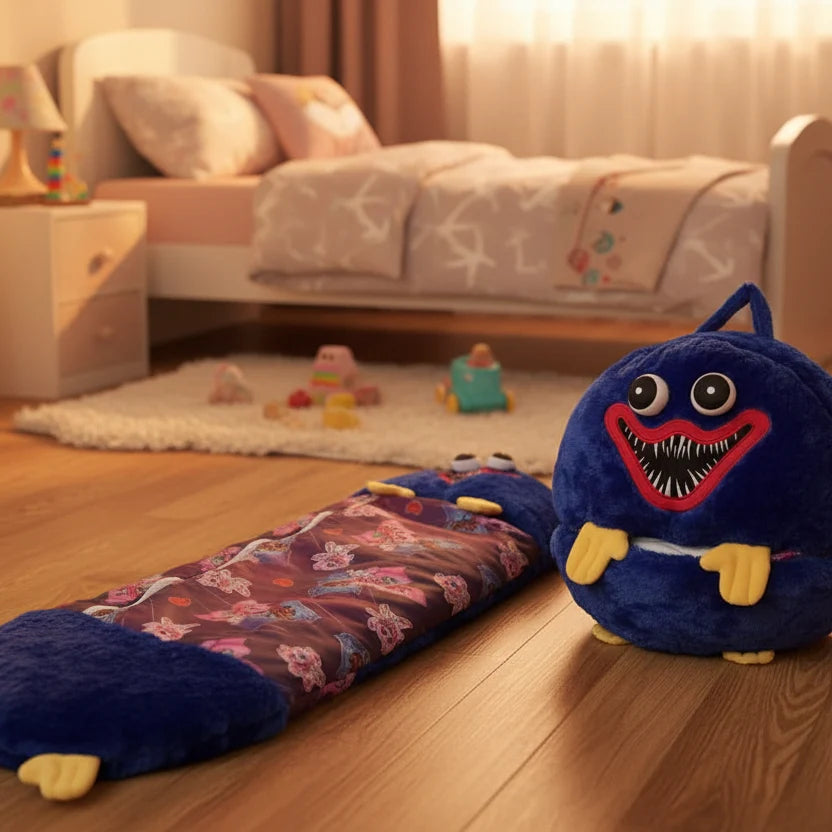 Plush Toy With Integrated Sleeping Bag Machine Washable Foldable Design