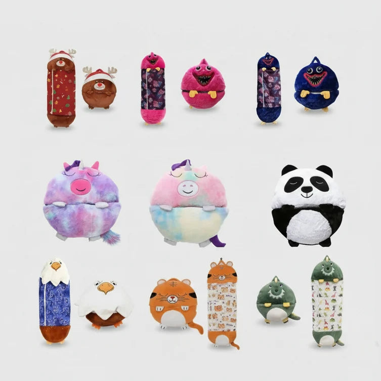 Plush Toy With Integrated Sleeping Bag Machine Washable Foldable Design