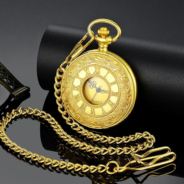 Pocket Watch Roman Numeral Dial Quartz Movement Chain Included