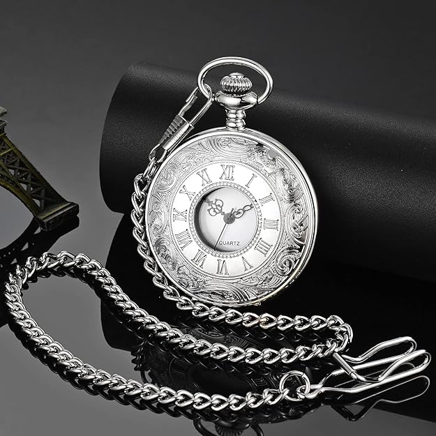 Pocket Watch Roman Numeral Dial Quartz Movement Chain Included