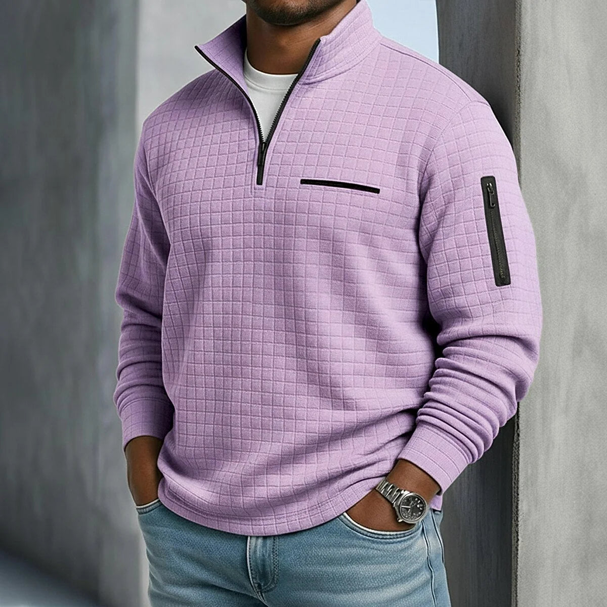Polo Shirt Waffle Knit Quarter-Zip Long Sleeve