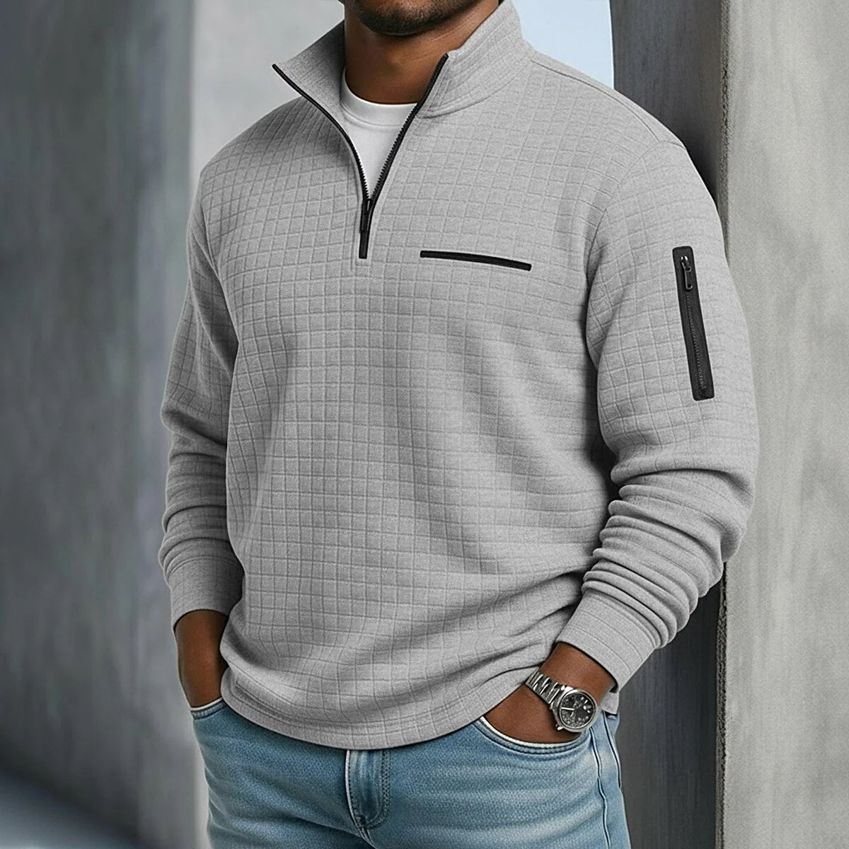 Polo Shirt Waffle Knit Quarter-Zip Long Sleeve