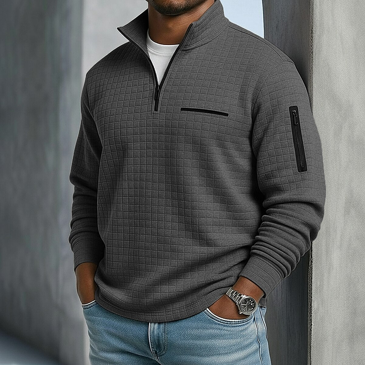 Polo Shirt Waffle Knit Quarter-Zip Long Sleeve