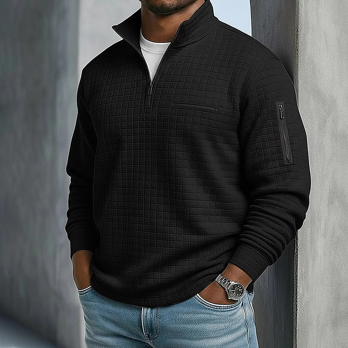 Polo Shirt Waffle Knit Quarter-Zip Long Sleeve
