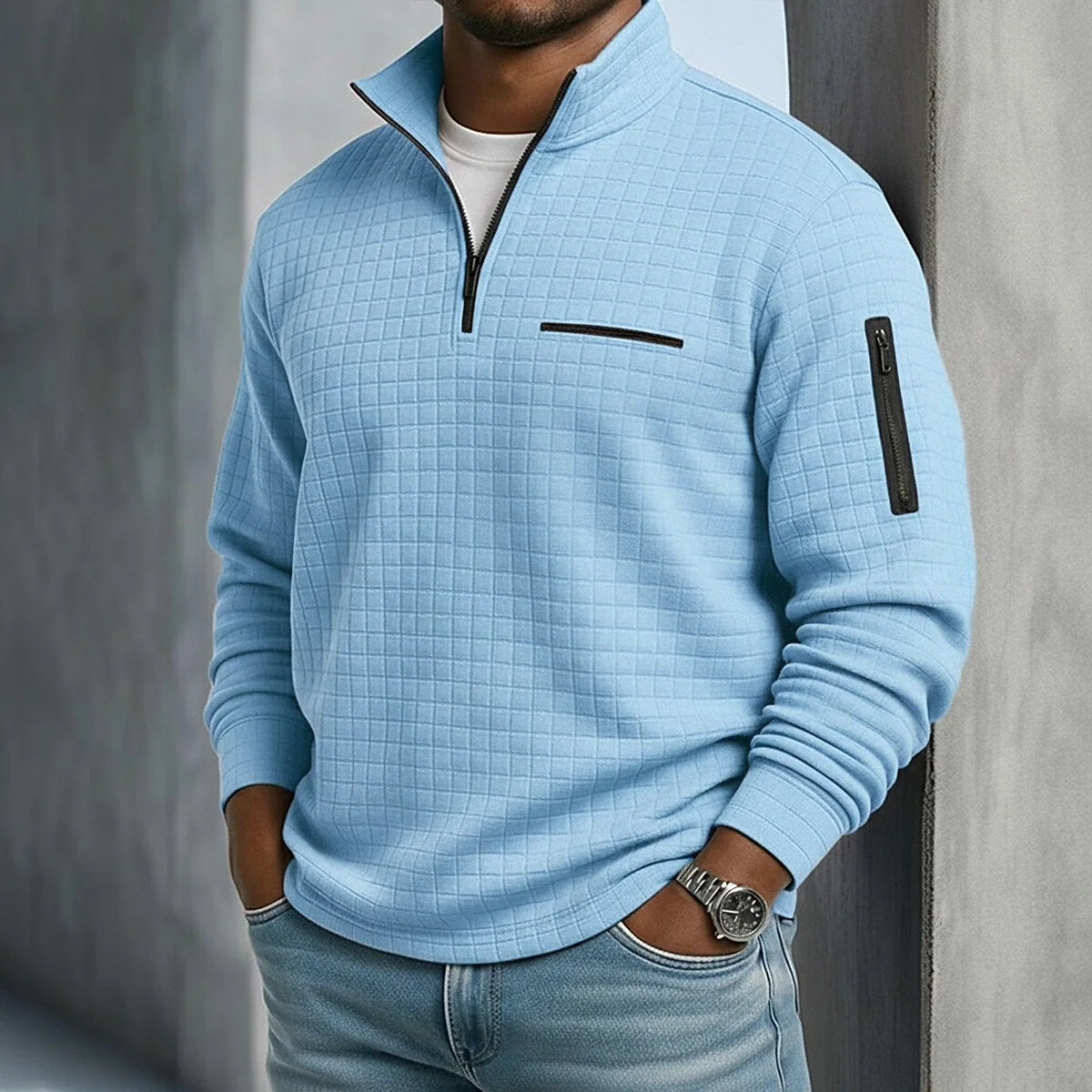 Polo Shirt Waffle Knit Quarter-Zip Long Sleeve