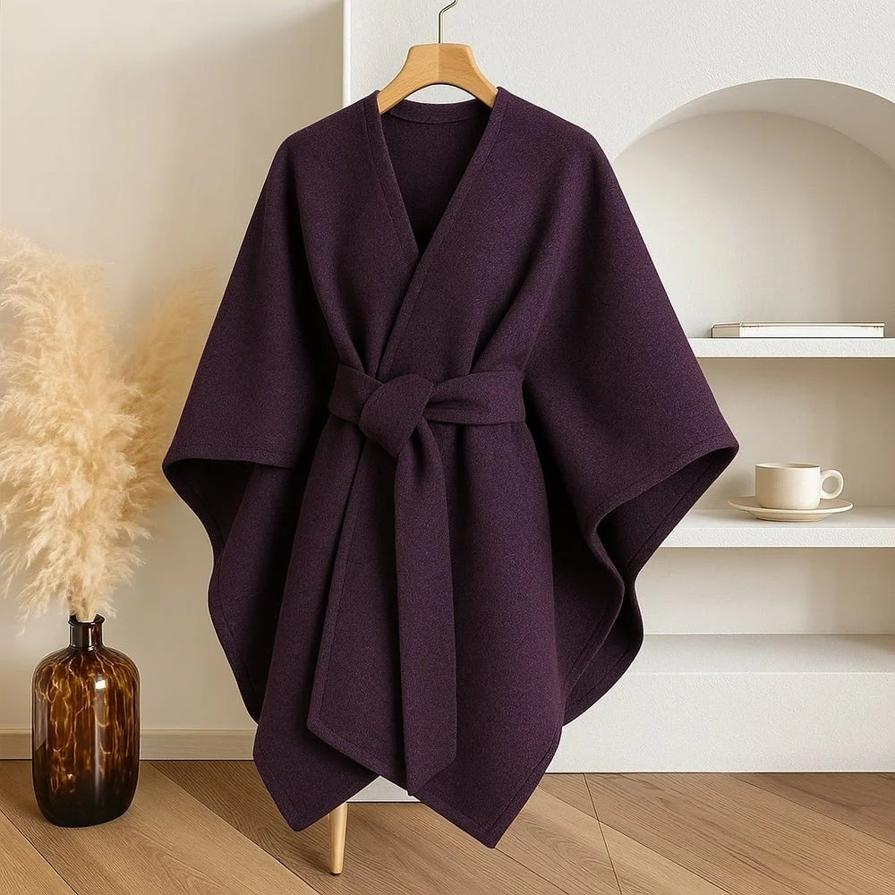 Poncho Scarf Coat Soft Polyester-Wool Blend 3-Way Wear