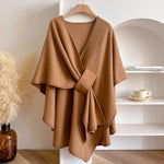 Poncho Scarf Coat Soft Polyester-Wool Blend 3-Way Wear