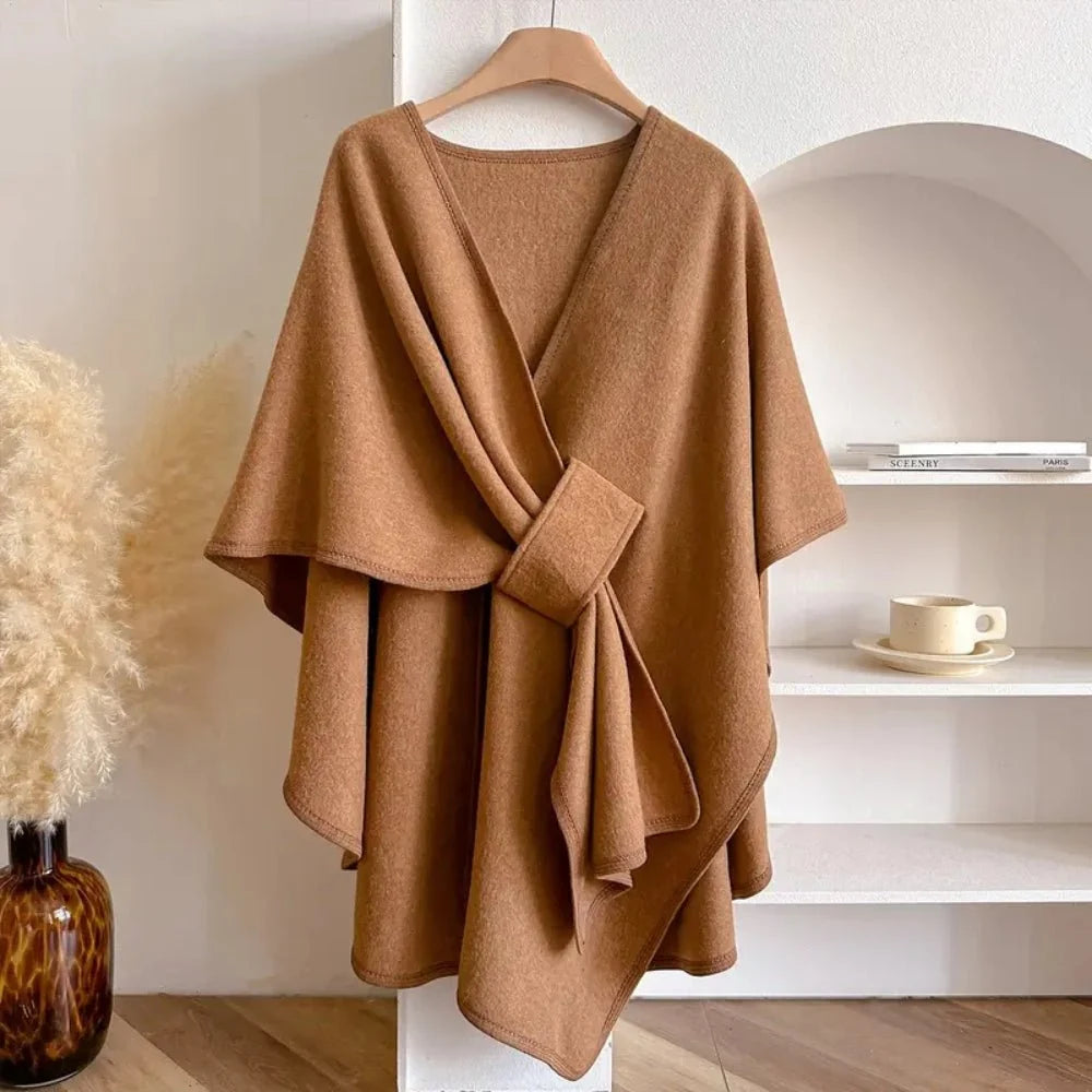 Poncho Scarf Coat Soft Polyester-Wool Blend 3-Way Wear