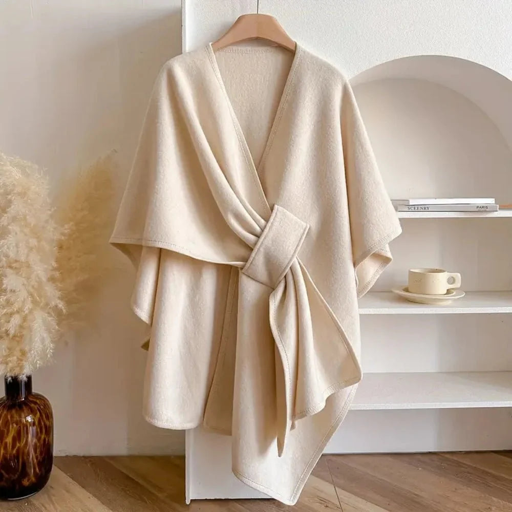 Poncho Scarf Coat Soft Polyester-Wool Blend 3-Way Wear