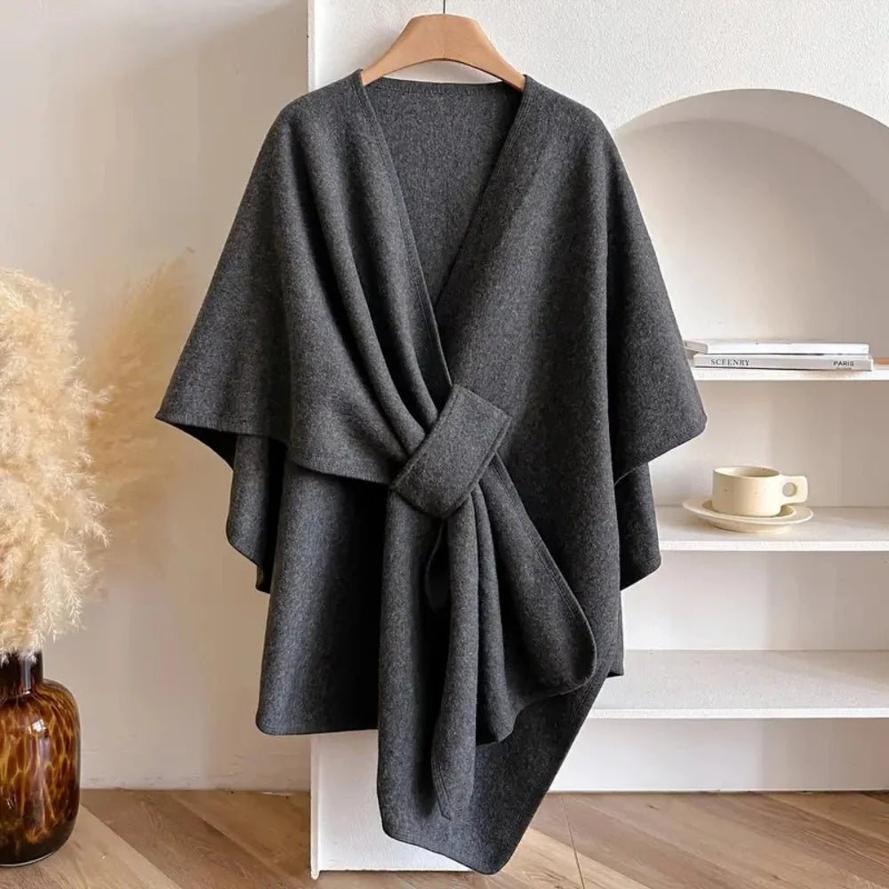 Poncho Scarf Coat Soft Polyester-Wool Blend 3-Way Wear