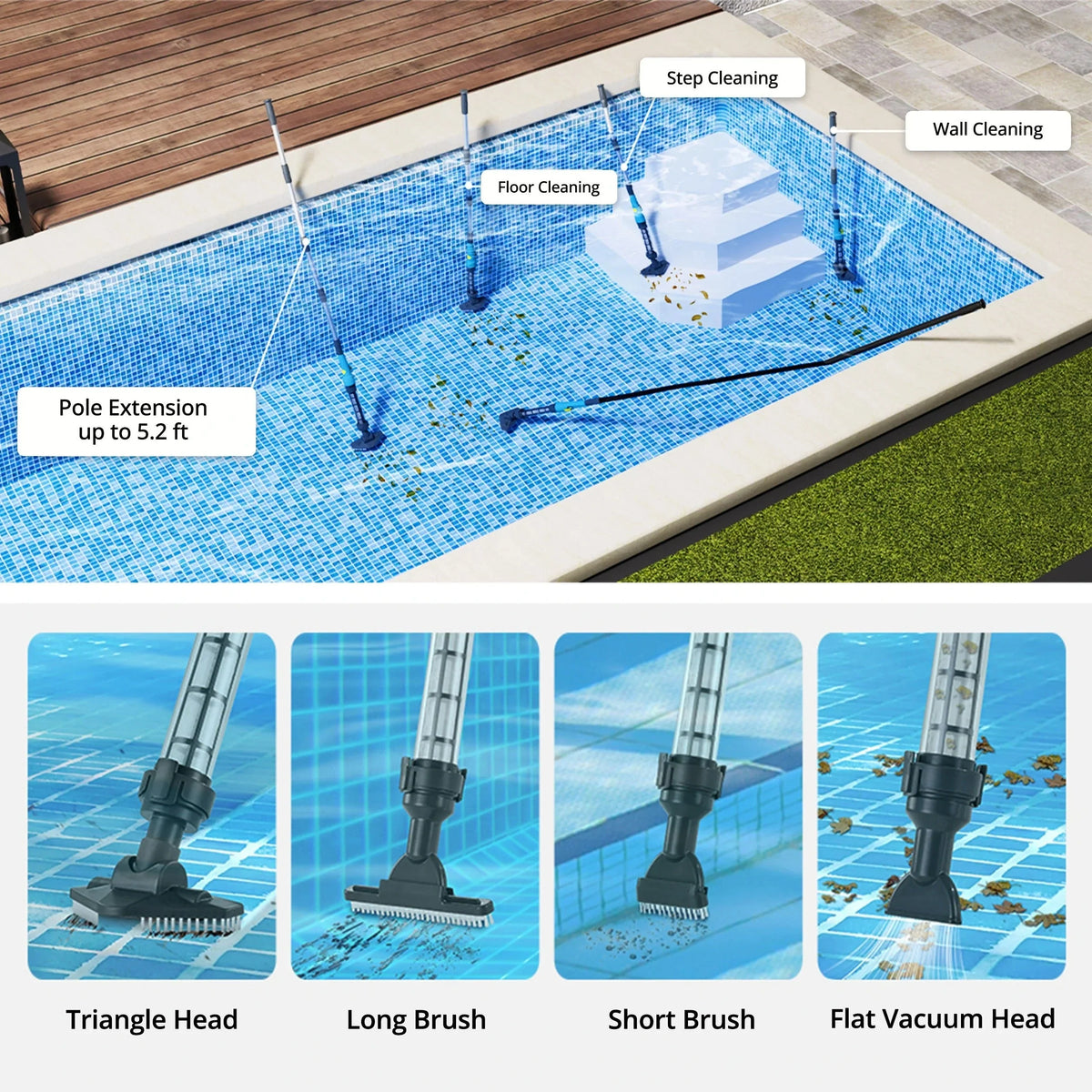 Pool Cleaner Cordless Rechargeable Interchangeable Heads