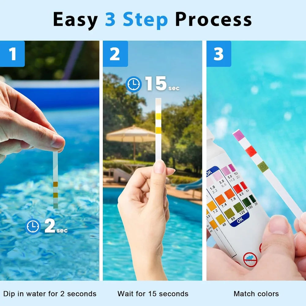Pool Test Strips 3-In-1 Chlorine pH Alkalinity