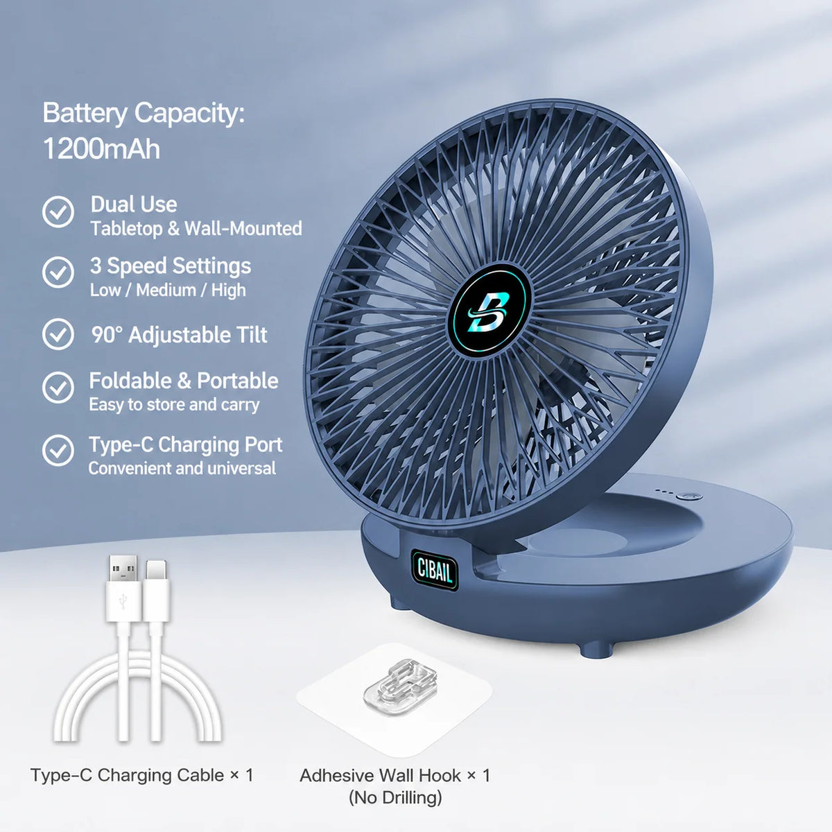 Portable Desk Fan USB Rechargeable 3 Speed 36-Hour Battery