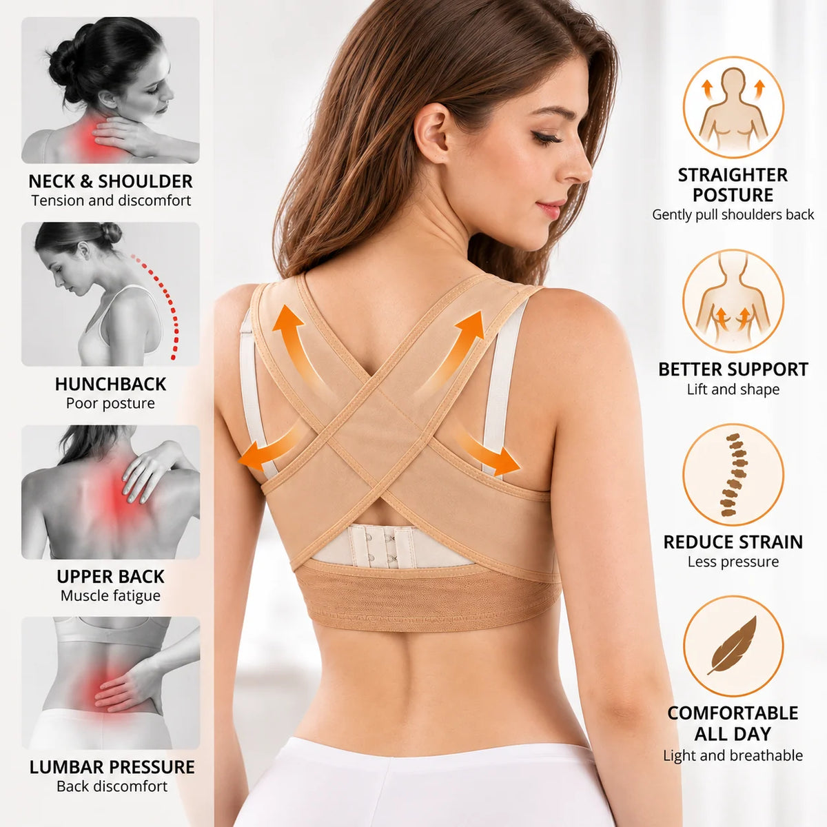 Posture Brace X-Shaped Cross-Back Adjustable Hook-and-Eye Closure