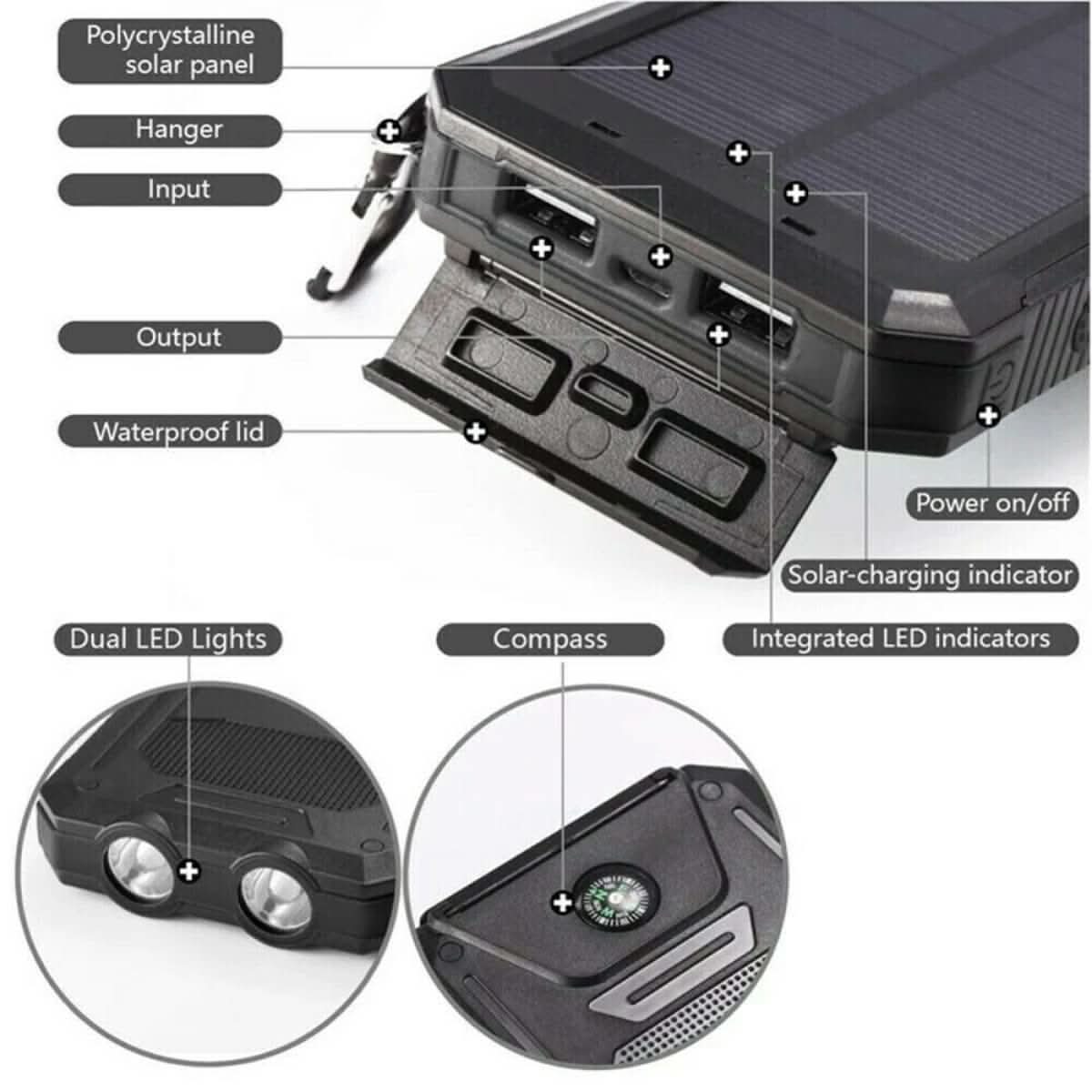 Power Bank Solar Charging LED Flashlight 10000mAh