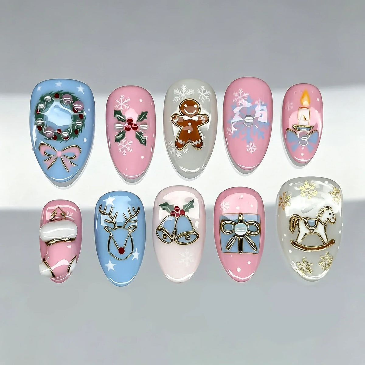 Press-On Nail Set 10 Festive Designs Non-Toxic