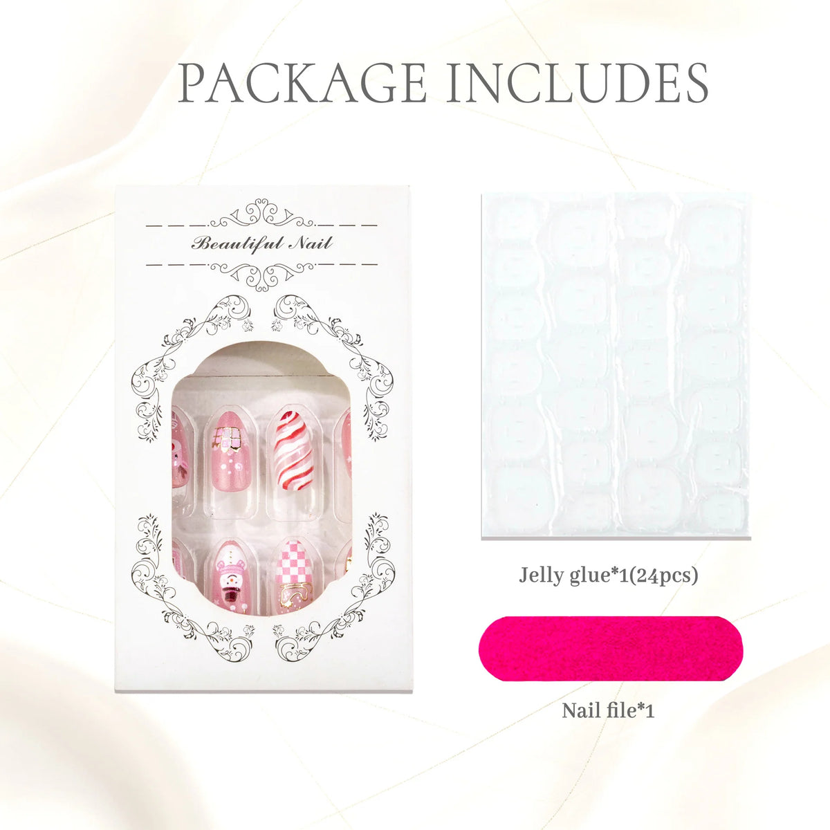Press-On Nail Set Festive Designs & Jelly Glue